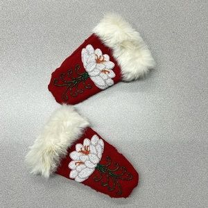 Rabbit Fur and Beaded Lotus Flower Mittens